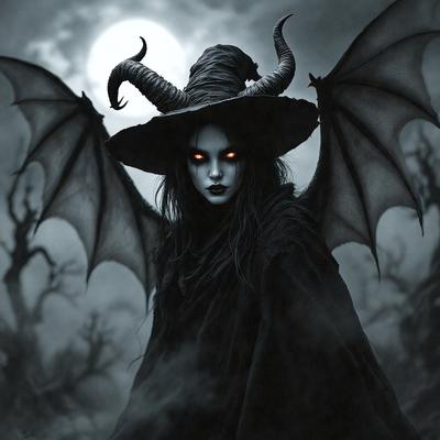 The primary subject of the image is a woman wearing a witch's hat and a black cloak. She is standing in a dark, foggy forest, with her eyes glowing red. The setting is a nighttime scene with a full moon in the background. The visual style is a black and white illustration, giving the image a dramatic and mysterious atmosphere. The colors and mood are predominantly dark and eerie, with the red glowing eyes adding a sense of danger and supernatural presence.